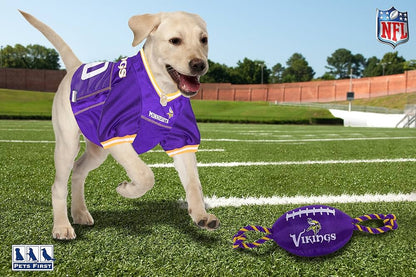 Minnesota Vikings Pet Gift Box with 2 Licensed Dog Toys, 1 Logo-Engraved Natural Treat, 1 NFL Jersey, 1 Puppy Training Bell, and a Car Seat Belt