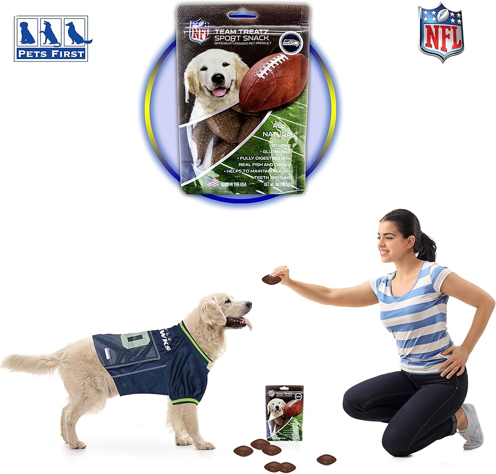 Seattle Seahawks NFL Pet Gift Box with 2 Licensed Dog Toys, 1 Logo-Engraved Natural Treat, 1 NFL Jersey, 1 Puppy Training Bell, and a Car Seat Belt