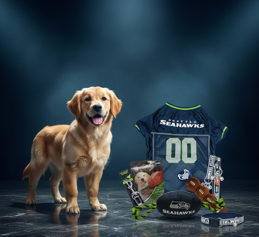 NFL New England Patriots Pet Gift Box with 2 Licensed Dog Toys, 1 Logo-Engraved Natural Treat, 1 NFL Jersey, 1 Puppy Training Bell, and a Car Seat Belt