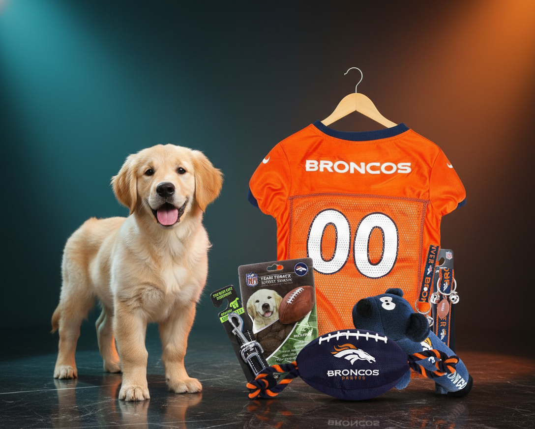 NFL Denver Broncos Pet Gift Box with 2 Licensed Dog Toys, 1 Logo-Engraved Natural Treat, 1 NFL Jersey, Puppy Training Bells, and 1 Car Seat Belt